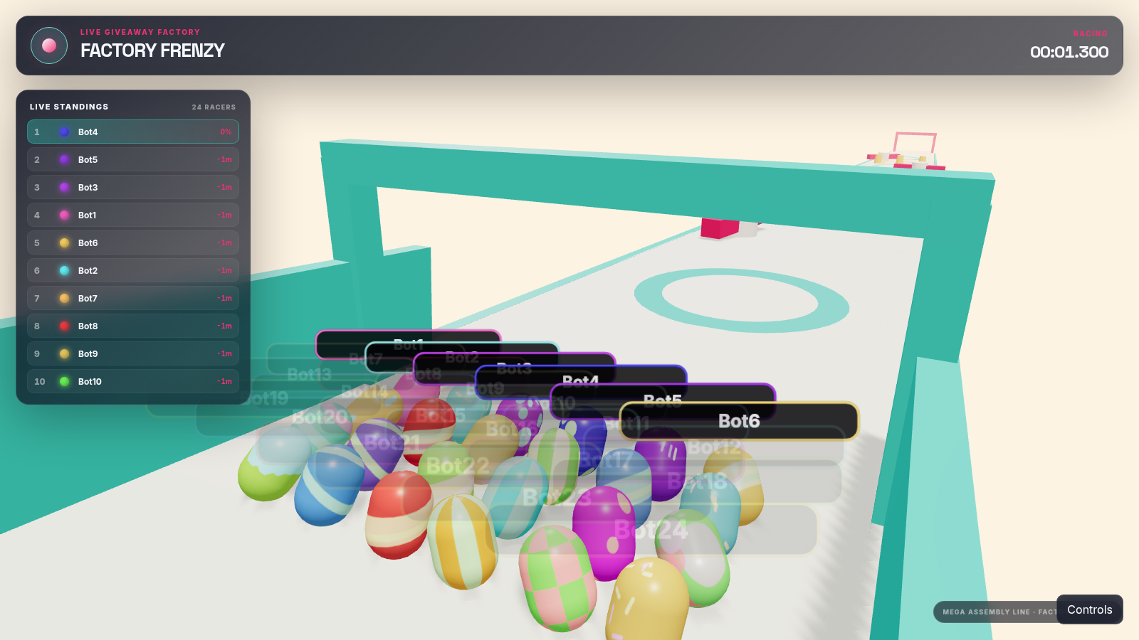 Candy-striped factory bots with name labels rolling down a teal conveyor line